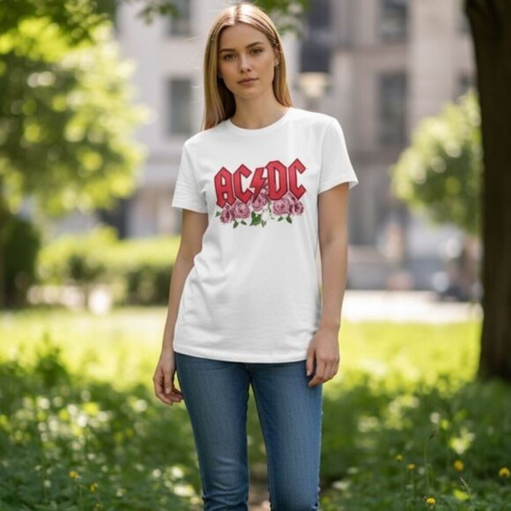 NWOT Unisex AC/DC White Short Sleeve Graphic Tee Floral Design - Size Small